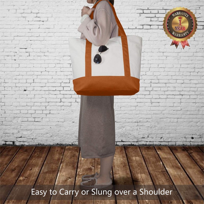 TOPDesign 1-Pack Canvas Tote Bag with an External Pocket, Reusable Grocery Shopping Bag, Top Zipper Closure, Daily Essentials (Orange/Natural) - Image 2